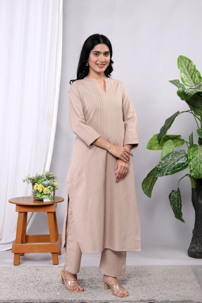 Light Brown Kurta Pant Set (Flax Cotton Linen)