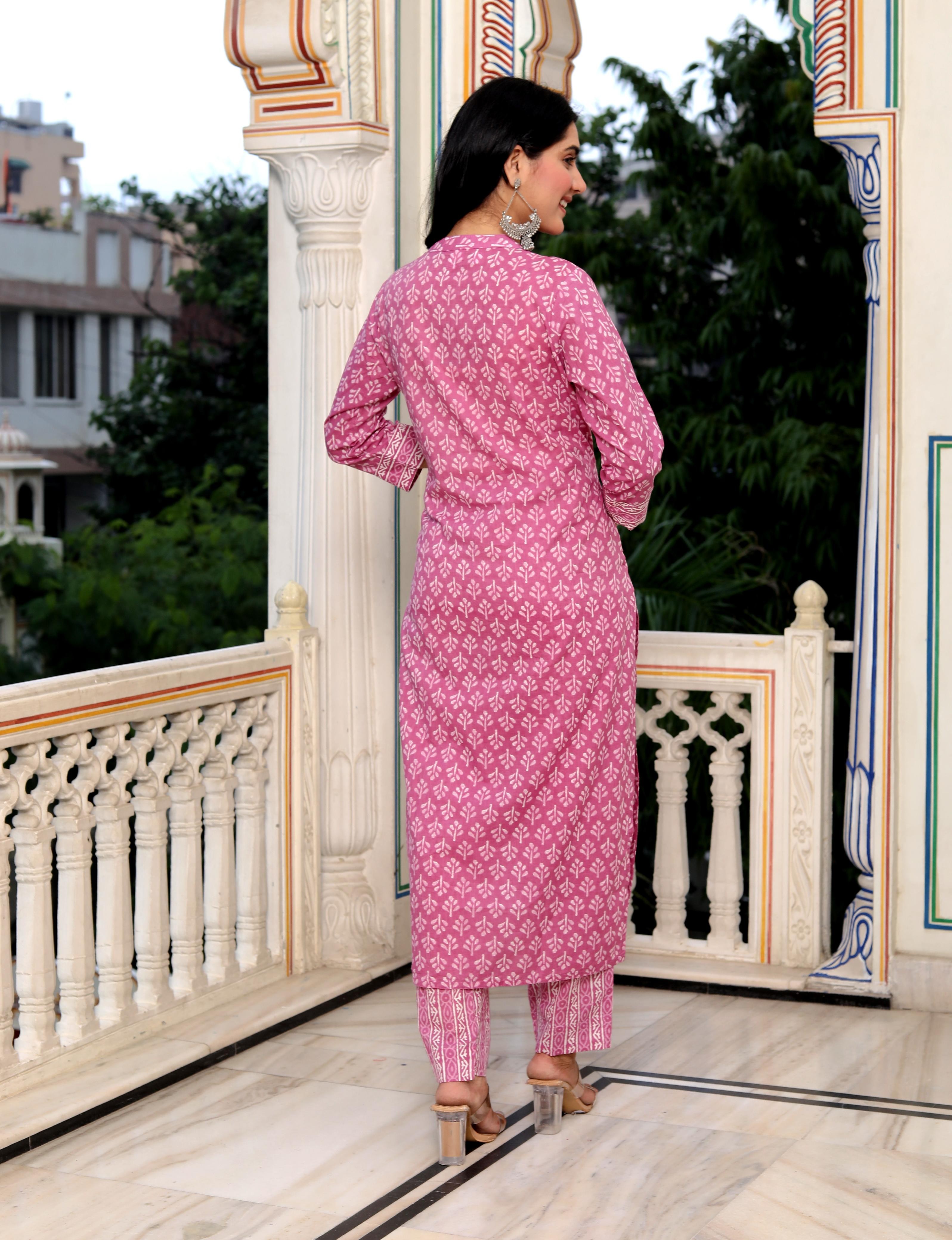 Pink Geometric Block Print kurti Pant And Dupatta Set