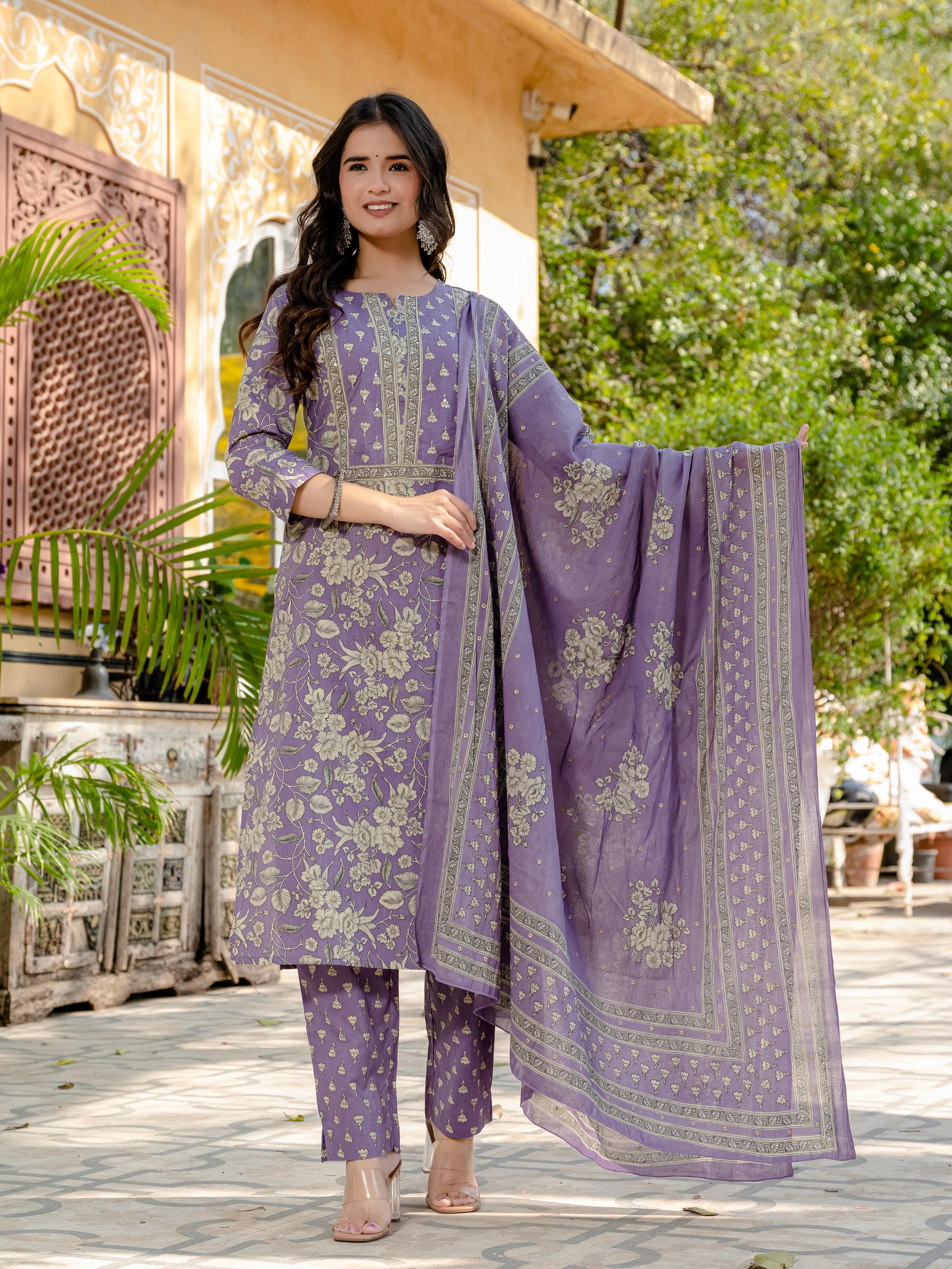 Beautiful Lavender With Floral Print Kurti Pant And Dupatta set