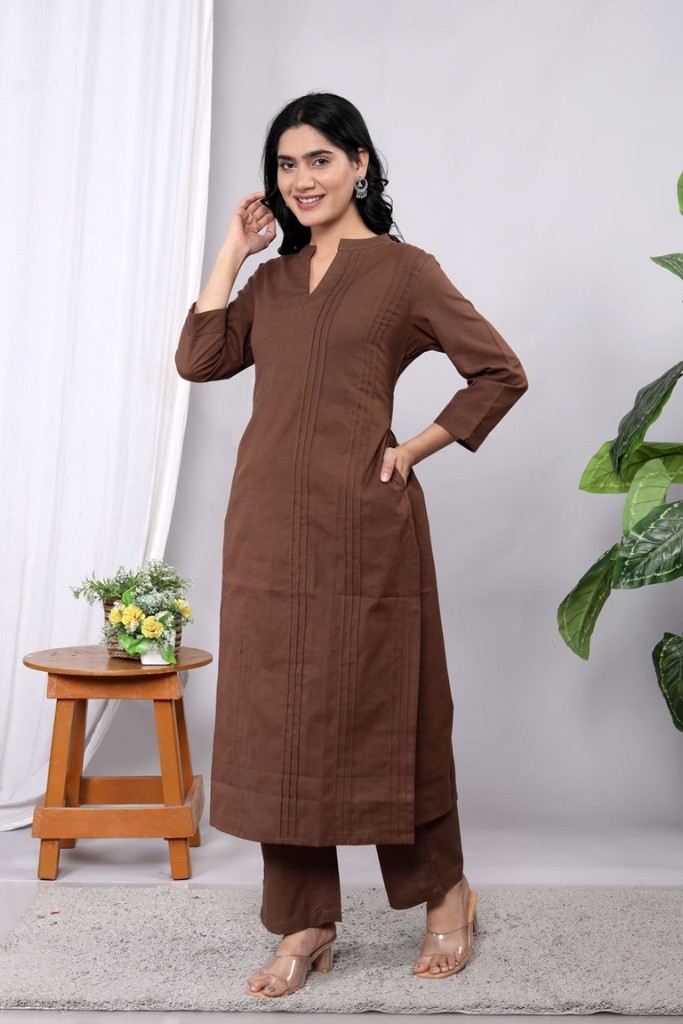 Dark Brown Kurta Pant Set (Flax Cotton Linen)