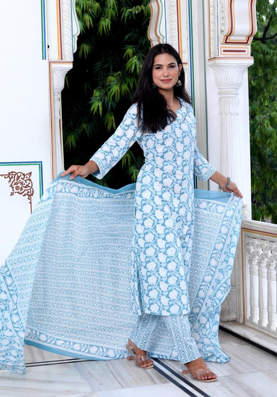 Sky Blue and White Floral Print Dupatta Set
