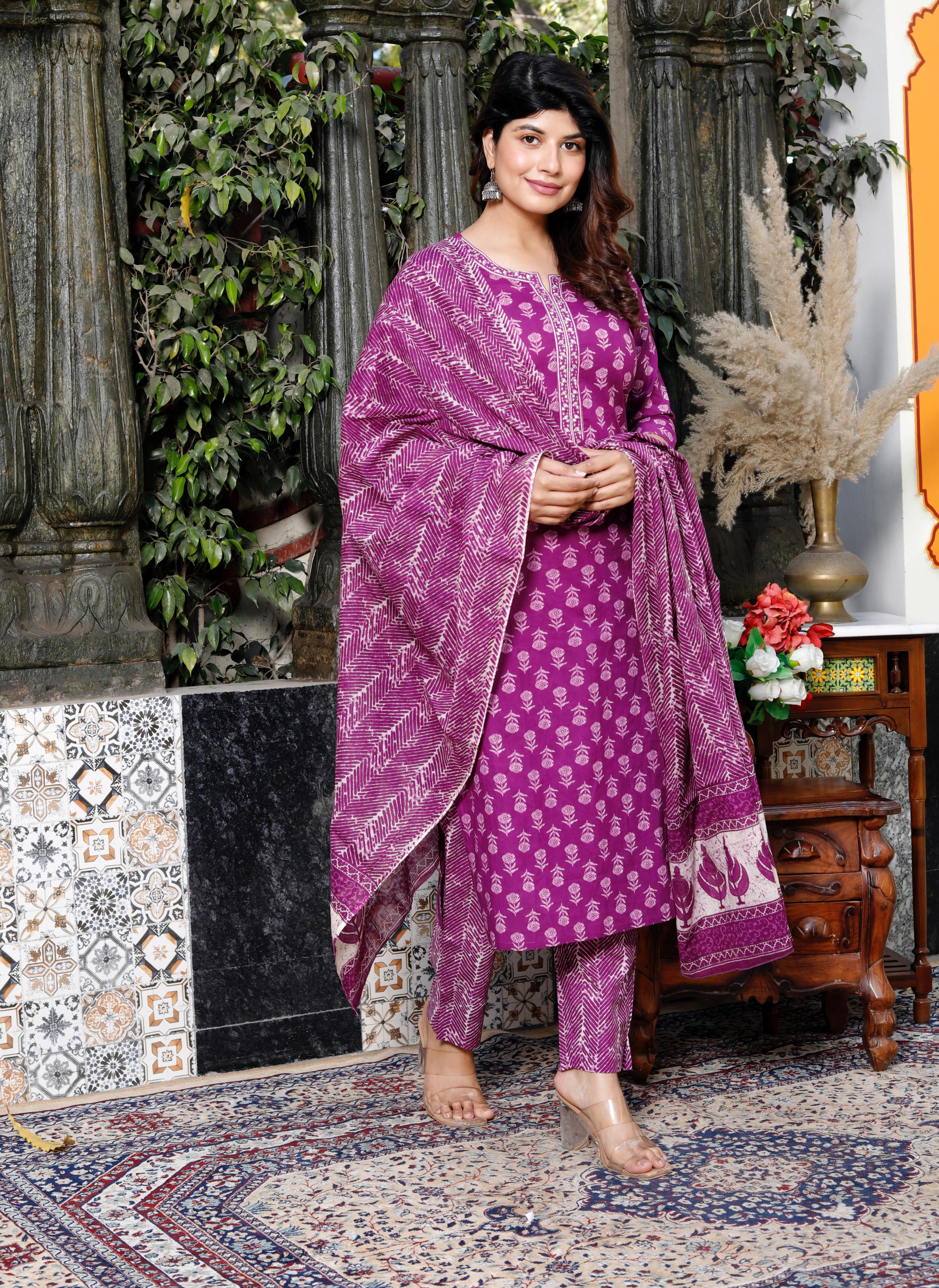 Lavender Floral Print Cotton Suit – Soft, Stylish & Breathable