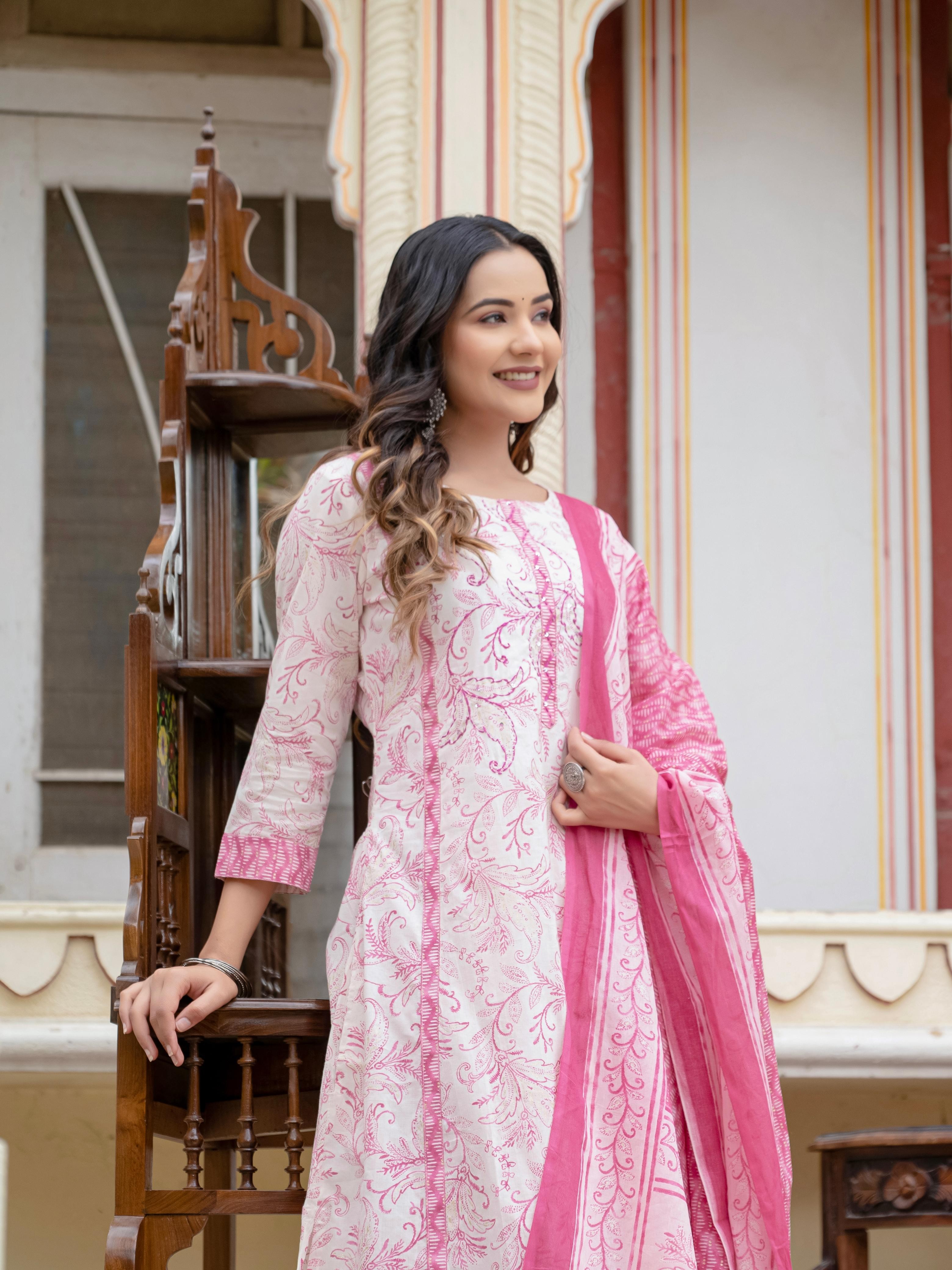 Pink & White Floral Print Kurti Palzo And Dupatta Set