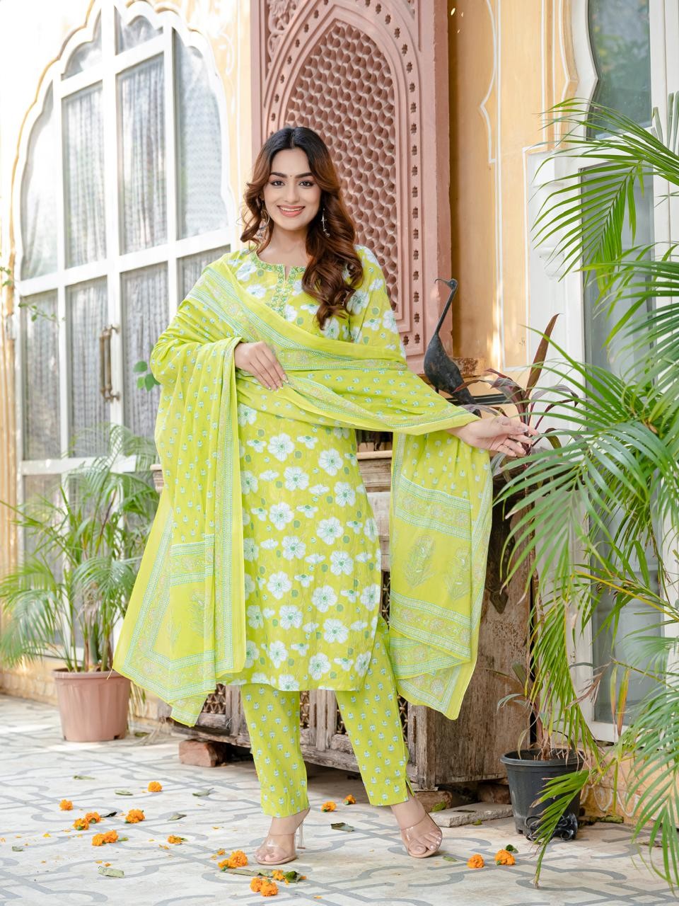 Lime Green Floral Printed Cotton Suit Set