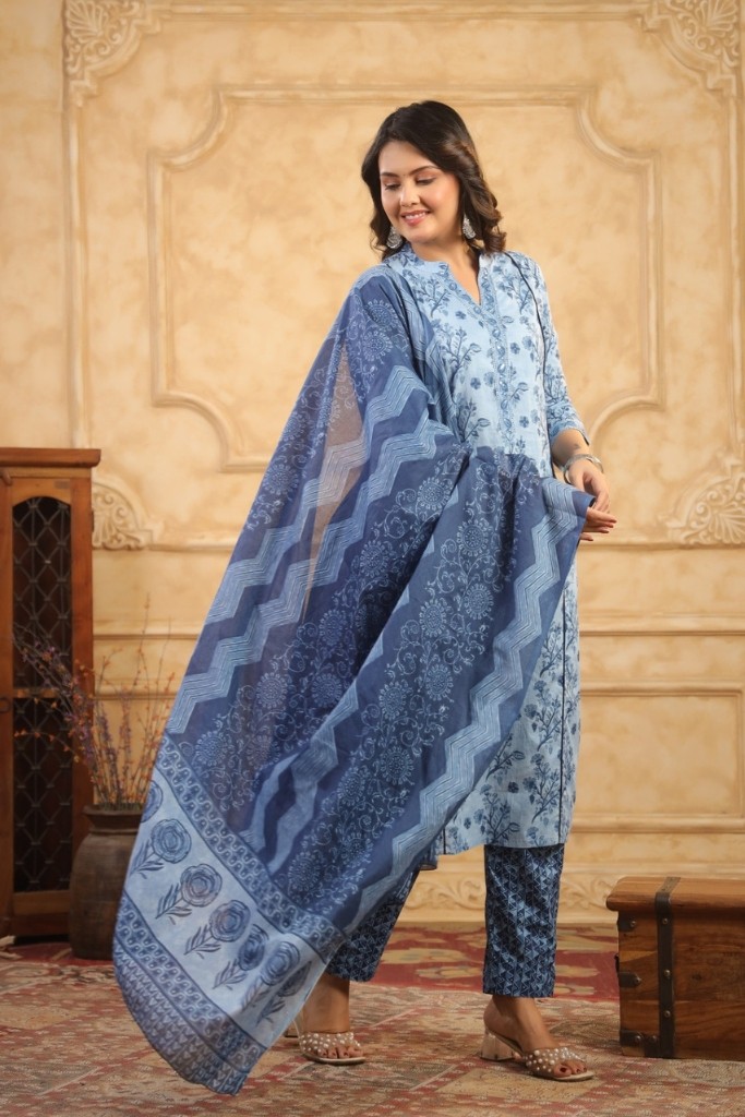 White and Blue Kurti Pent Dupatta Set