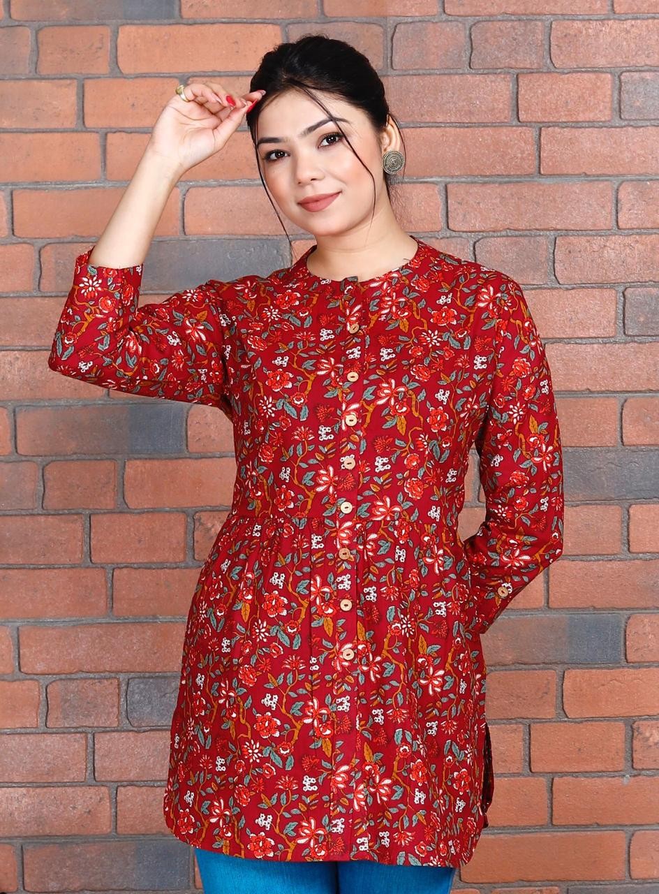 Red With Floral Print Short Top