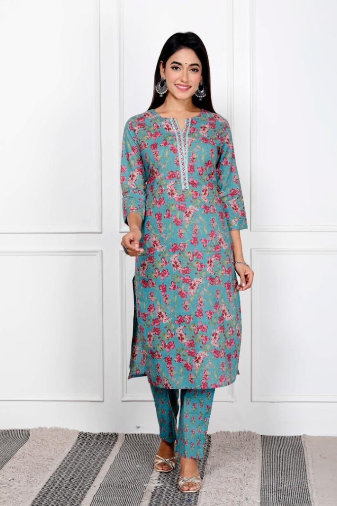 Green With Pink Floral-print-Kurta Pant Dupatta Set