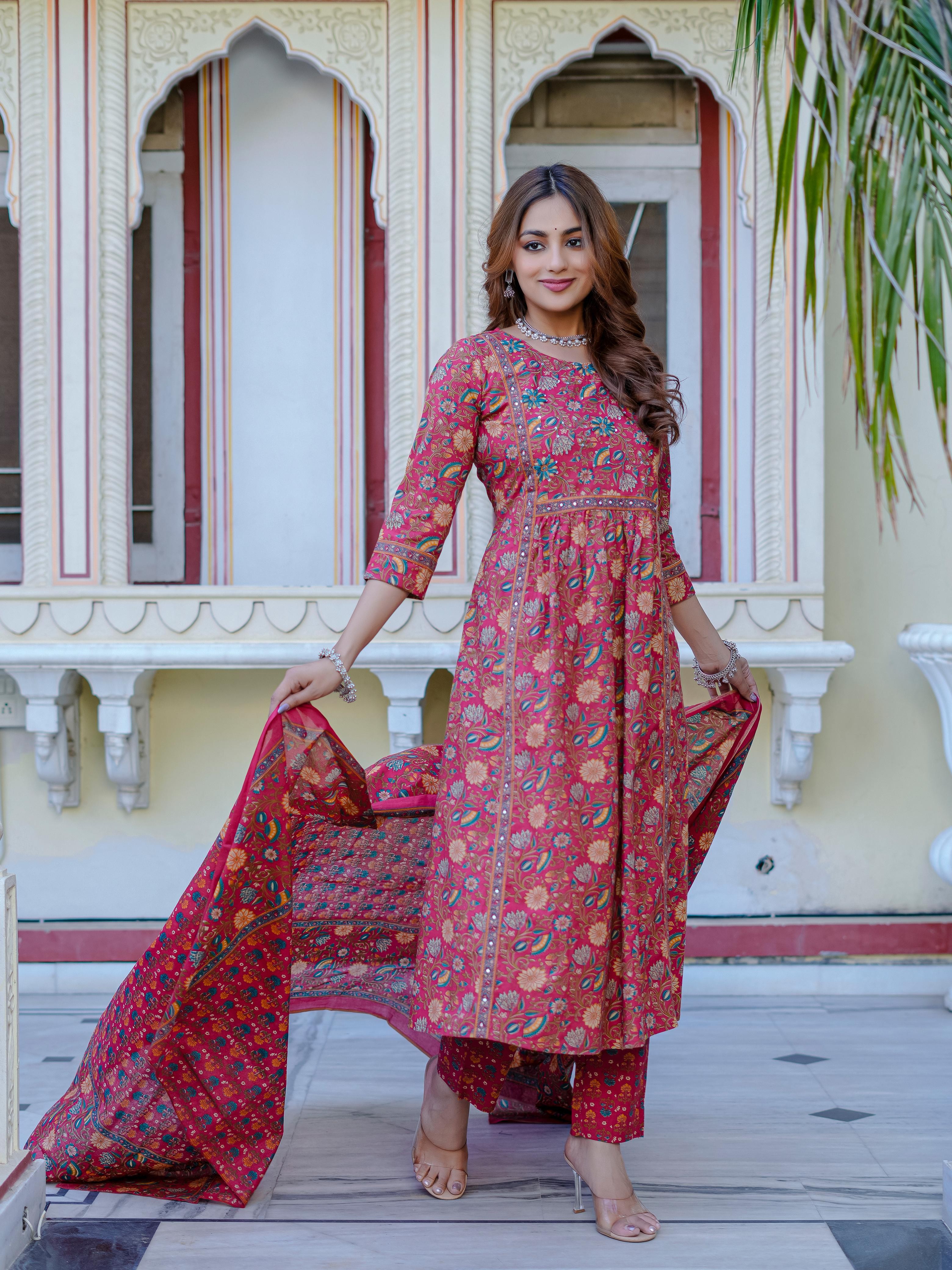 Red A-line Floral Kurti Set -Hk vastra