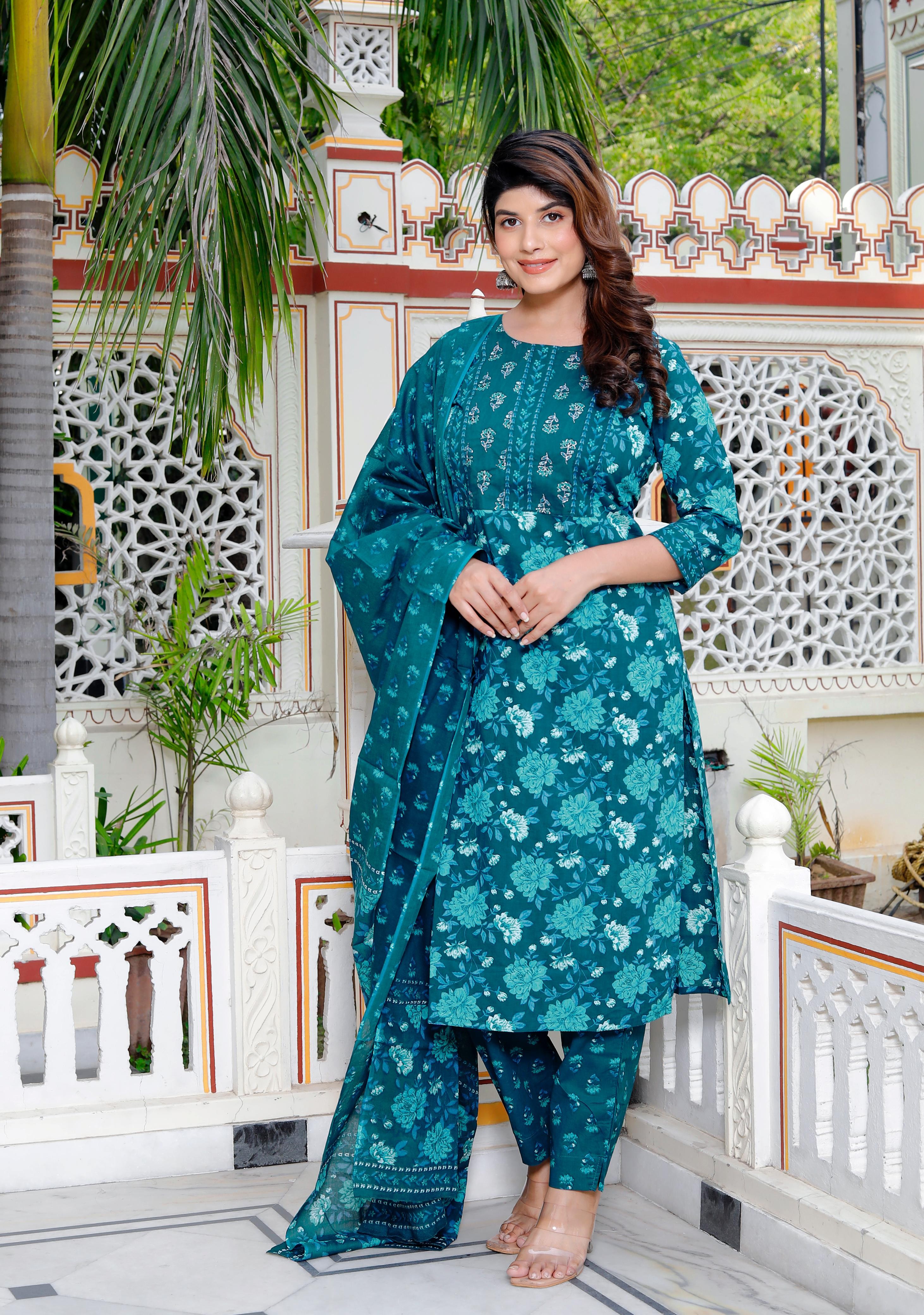 Teal Green Floral Printed Cotton Suit Set – HK Vastra