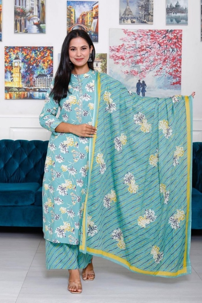 Green With Floral Print Kurta Palazo Dupatta Set