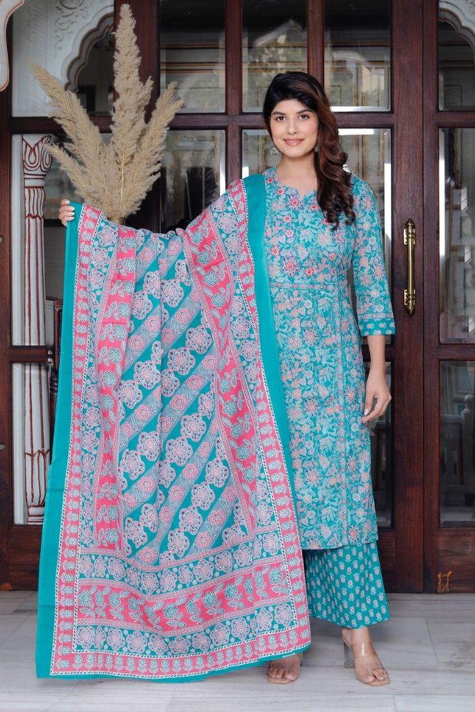 Sky Blue With Pink Plazo Dupatta Kurta Set