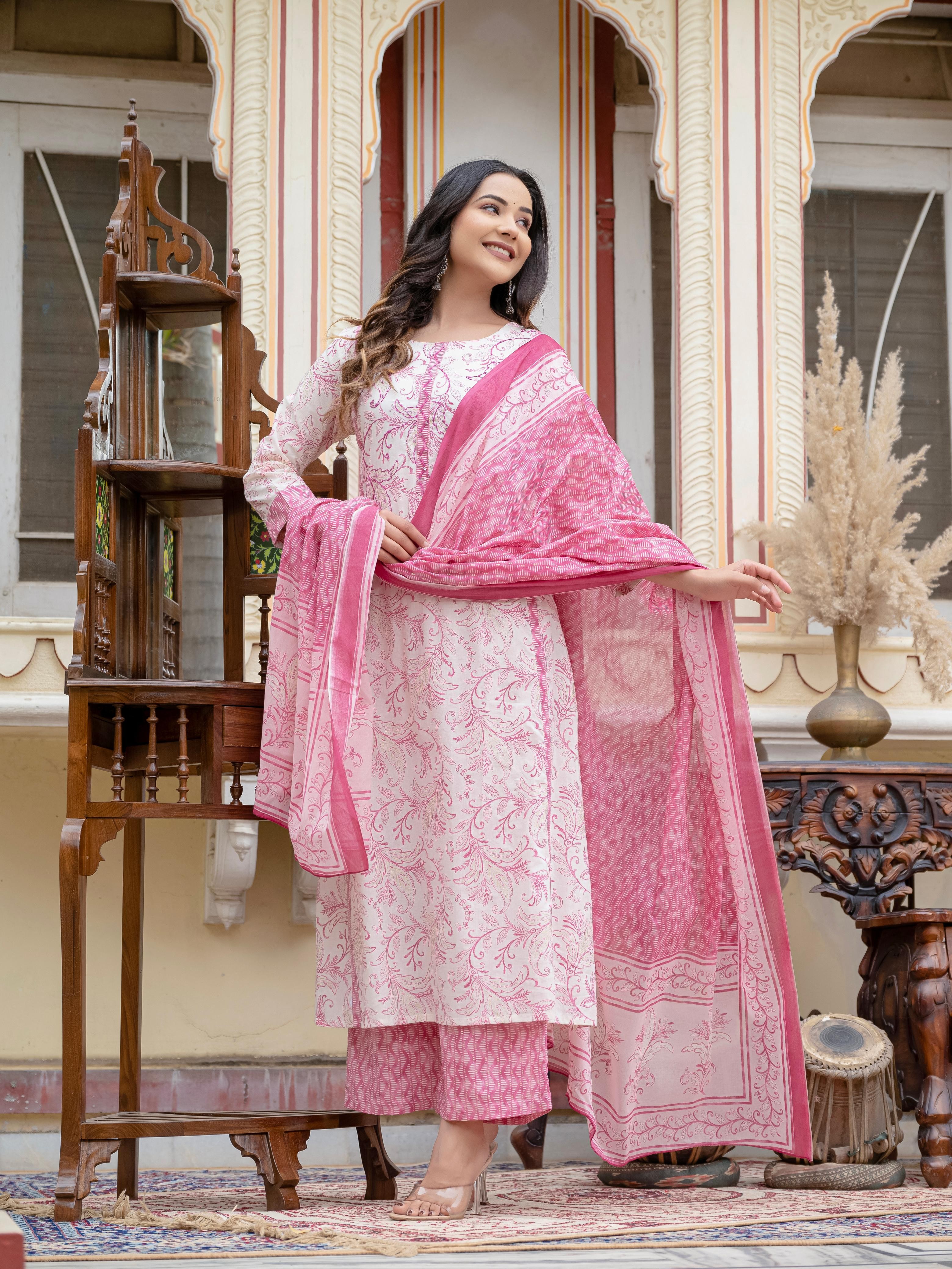 Pink & White Floral Print Kurti Palzo And Dupatta Set