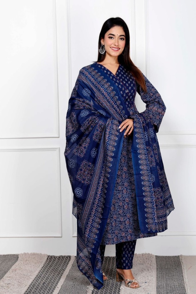 Blue Printed Angrakha Suit