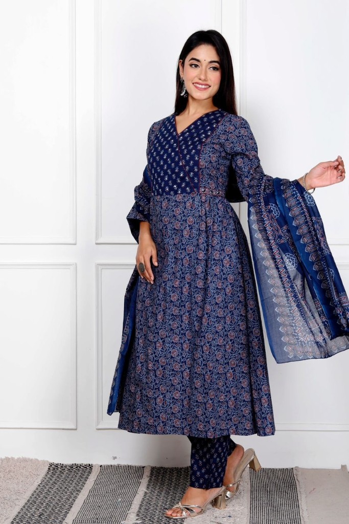 Blue Printed Angrakha Suit