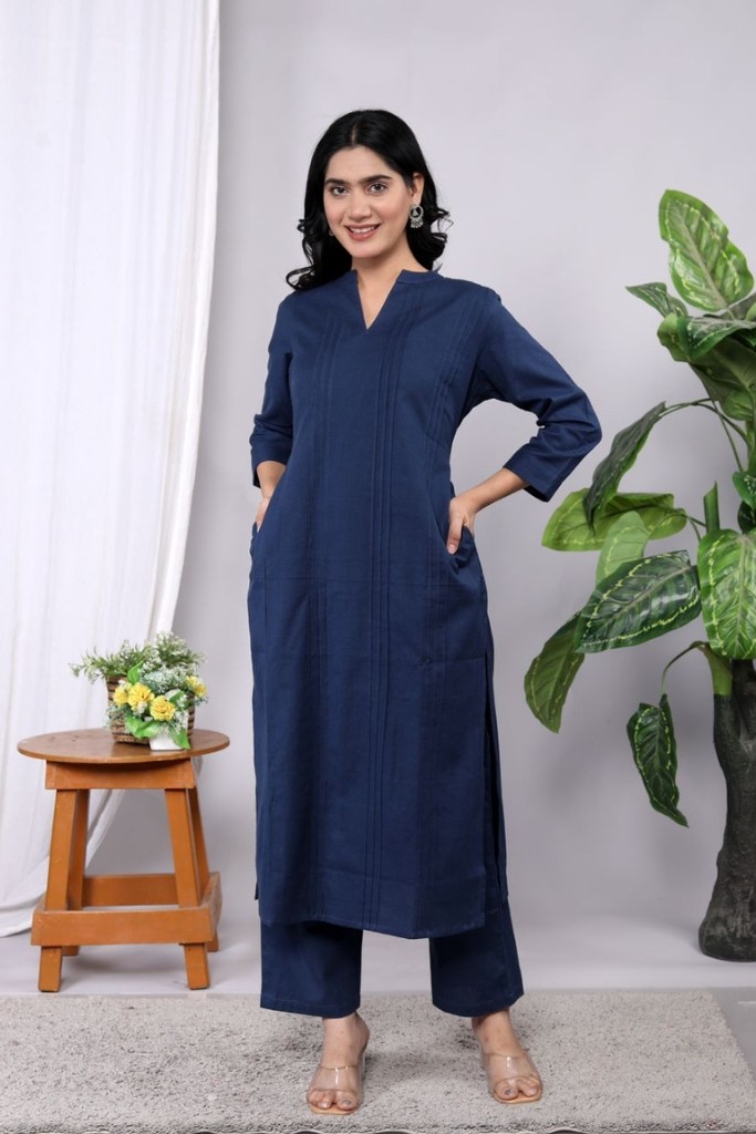Navy Blue Kurta Pant Set (Flax Cotton Linen)