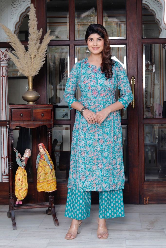 Sky Blue With Pink Plazo Dupatta Kurta Set