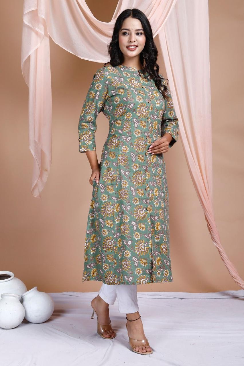 New Light Green Floral Print A Line Kurta