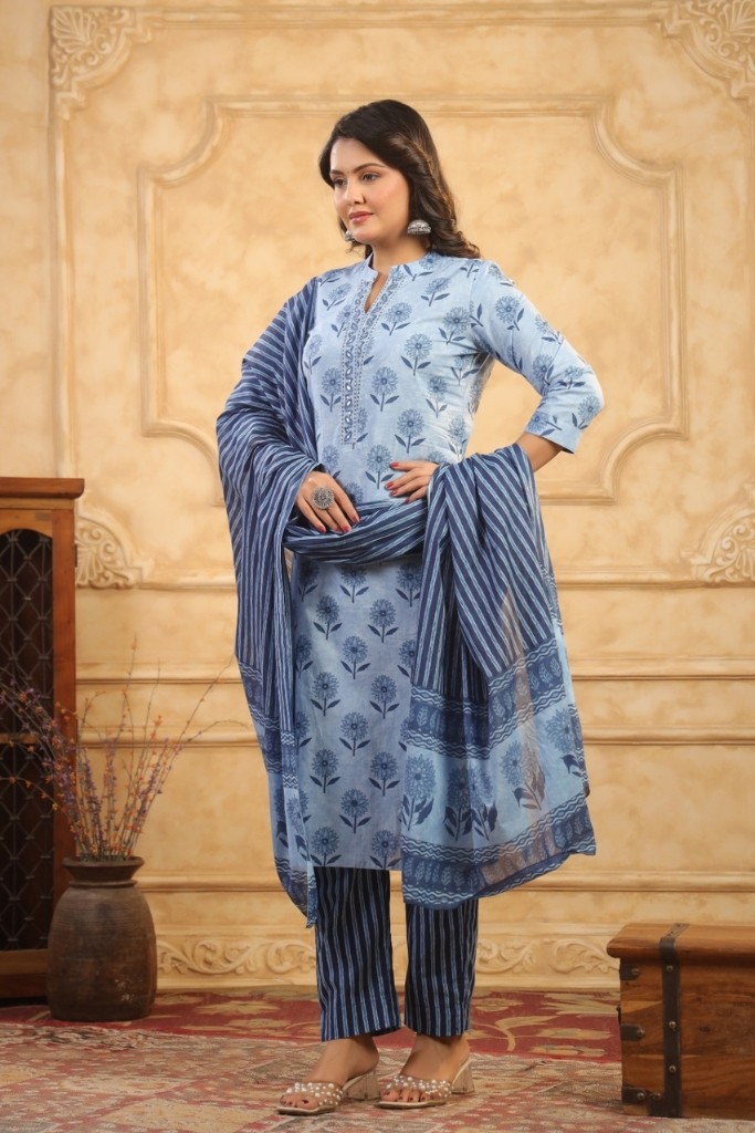 Light Blue Printed Kurta Pant And Dupatta