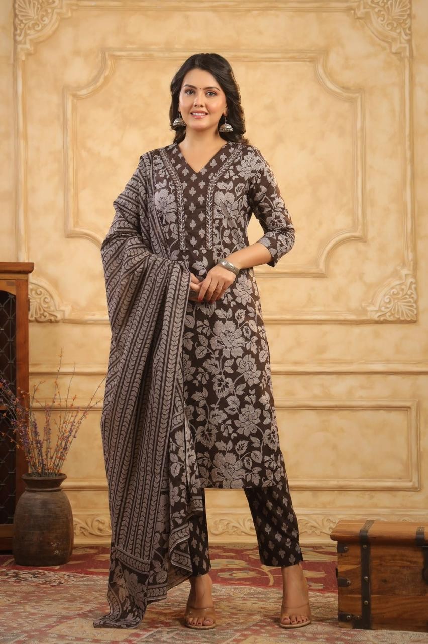 Latest  Brown With A Grey Floral Print kurti Pant And Dupatta Set