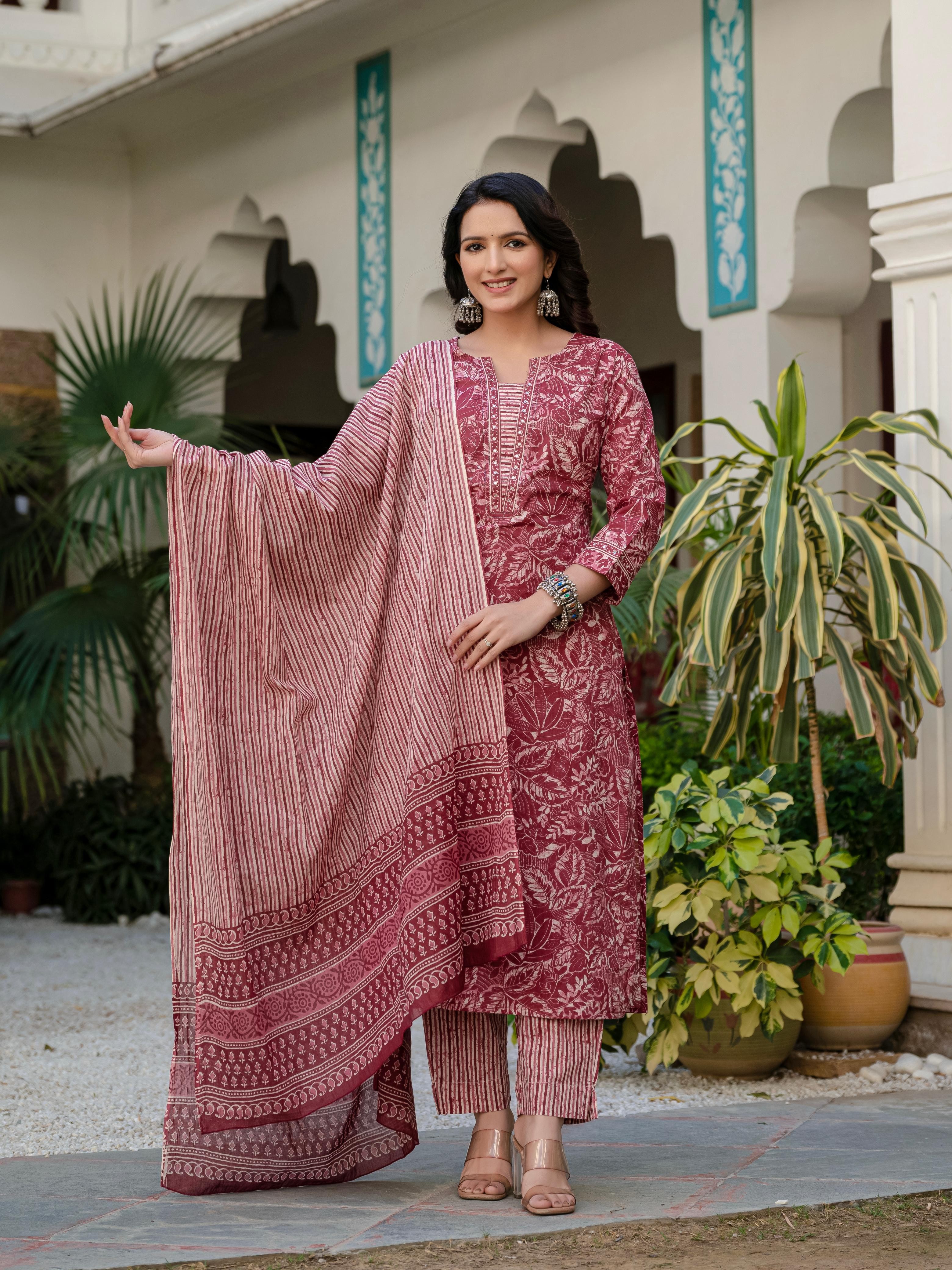 Elegant Maroon Floral Print Kurta set – Premium Quality