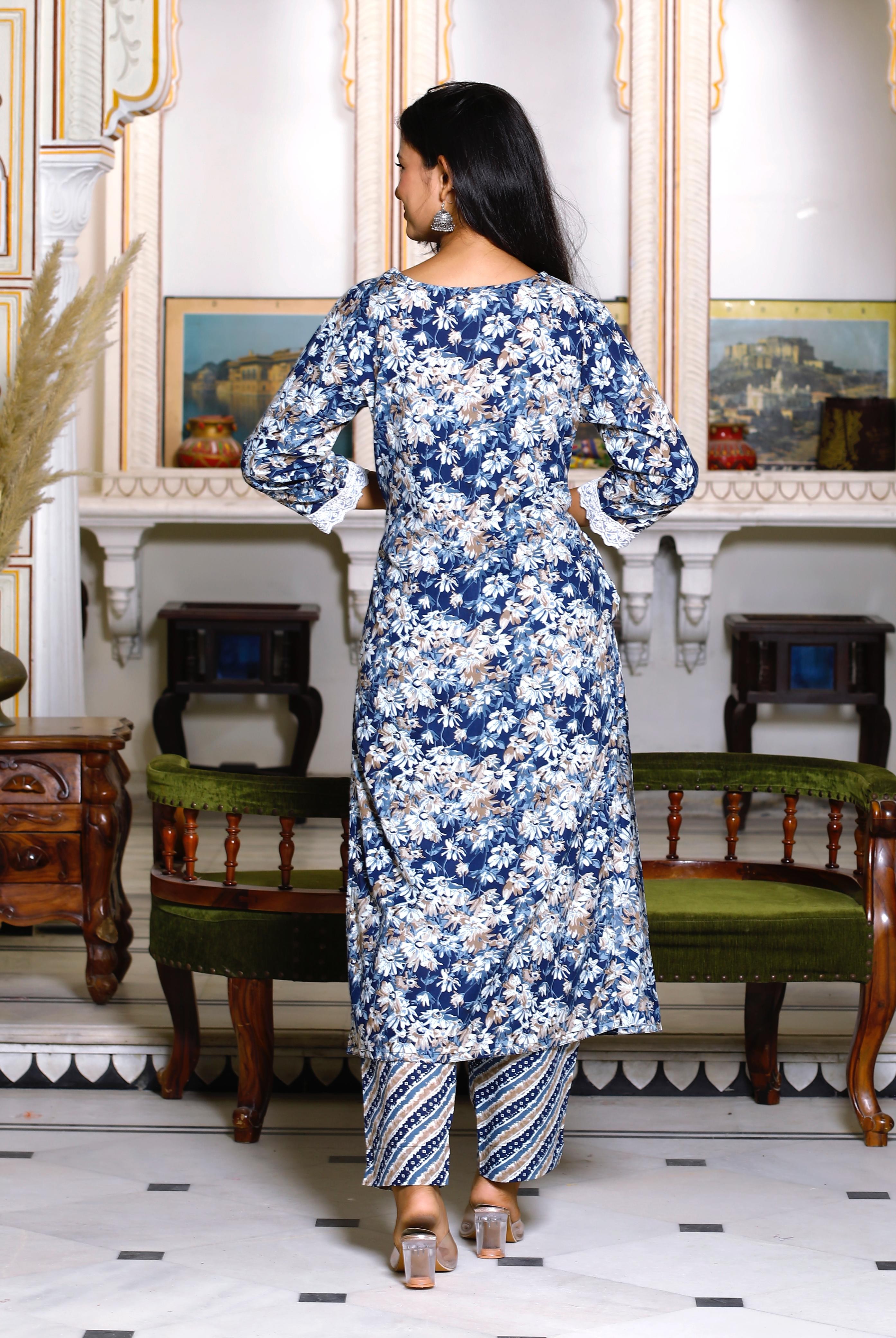 Navy Blue Floral Cotton Kurta Set