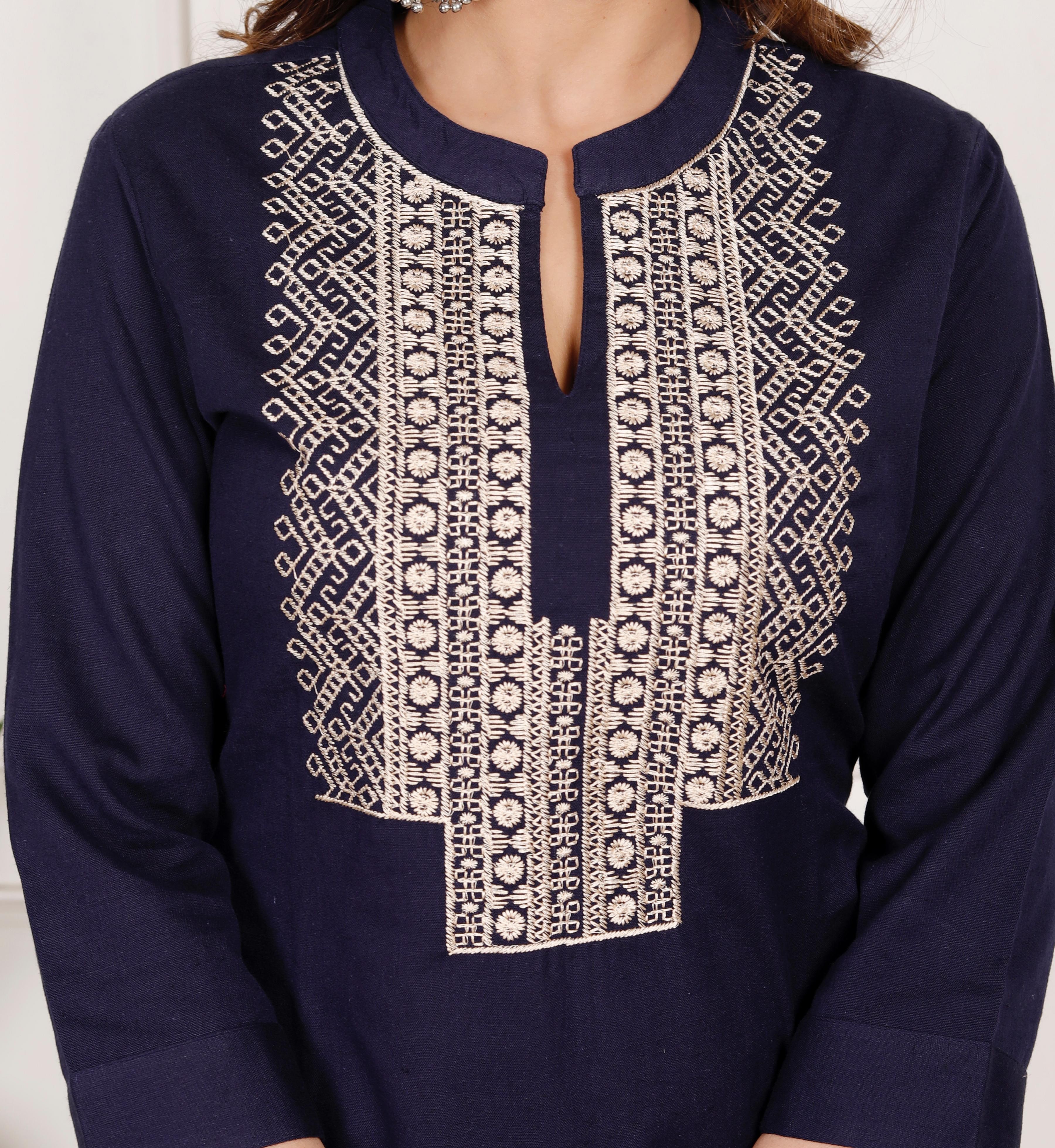 Cotton Flex Embroidered Kurta Pant Set – Navy blue